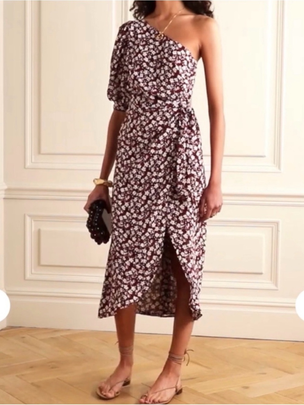 Reformation One-Shoulder Floral Midi Dress in Burgundy and Ivory